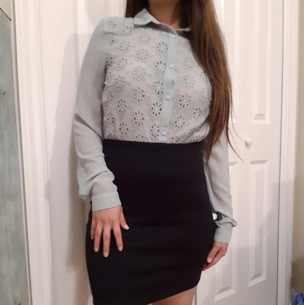 Professional dress with mint top and black skirt